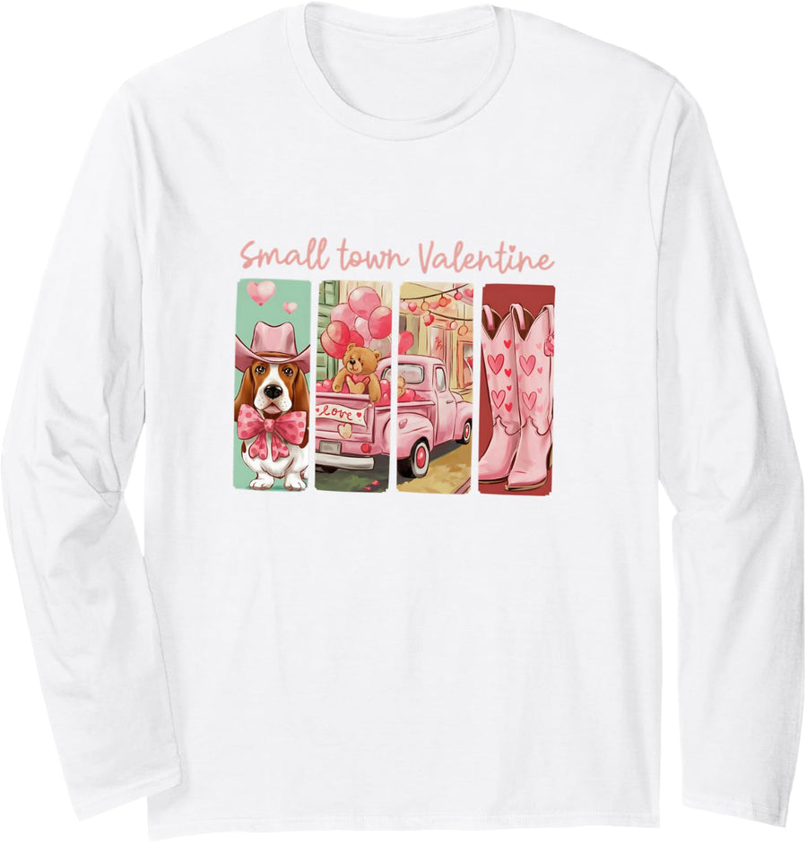 Cute Basset Hound Boots Truck Heart Western Valentine Long Sleeve T-Shirt - Adult Unisex White