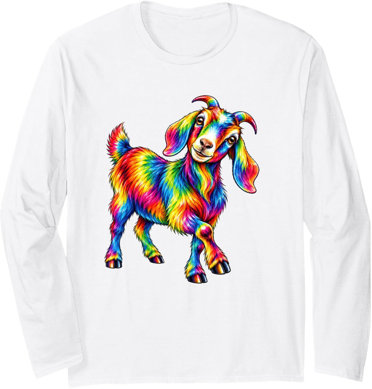 Colorful Rainbow Goat Cute Farm Animal Artistic Illustration Long Sleeve T-Shirt - Adult Unisex White