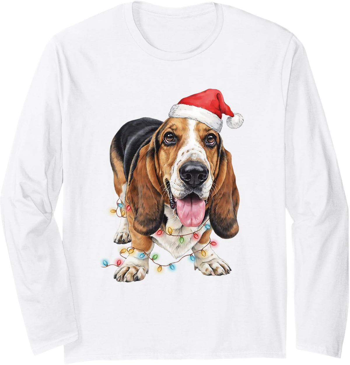 Cute Basset Hound Santa Hat Dog Mom Dad Christmas Men Women Long Sleeve T-Shirt - Adult Unisex White