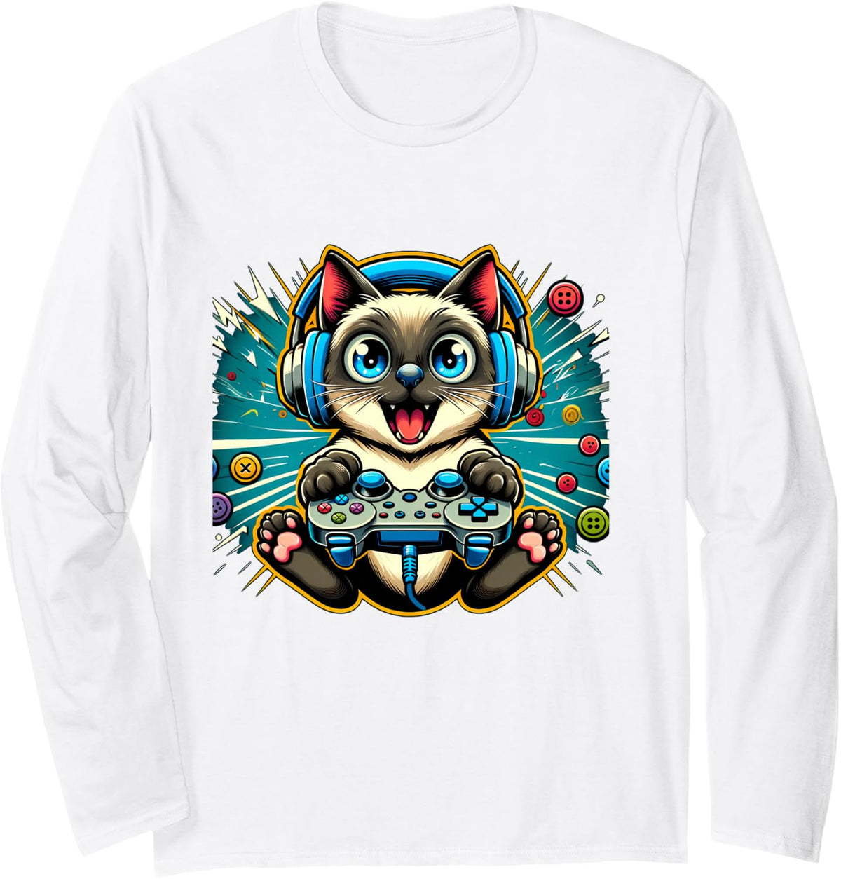 Headphone Video Game Siamese Cat Gaming Long Sleeve T-Shirt - Adult Unisex White