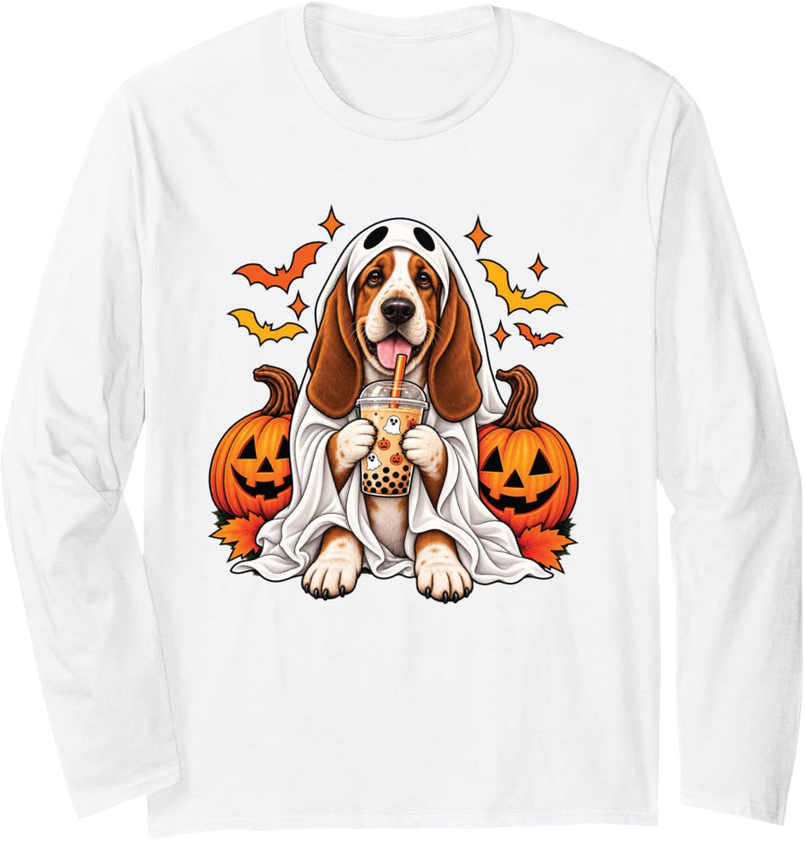 Basset Hound Dog Ghost Boba Halloween Pumpkin Bubble Tea Long Sleeve T-Shirt - Adult Unisex White