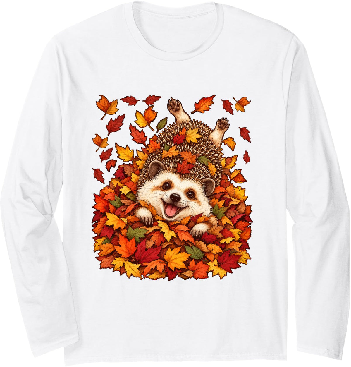 Fall Hedgehog Playing with Maple Leaves Cute Autumn Animal Long Sleeve T-Shirt - Adult Unisex White