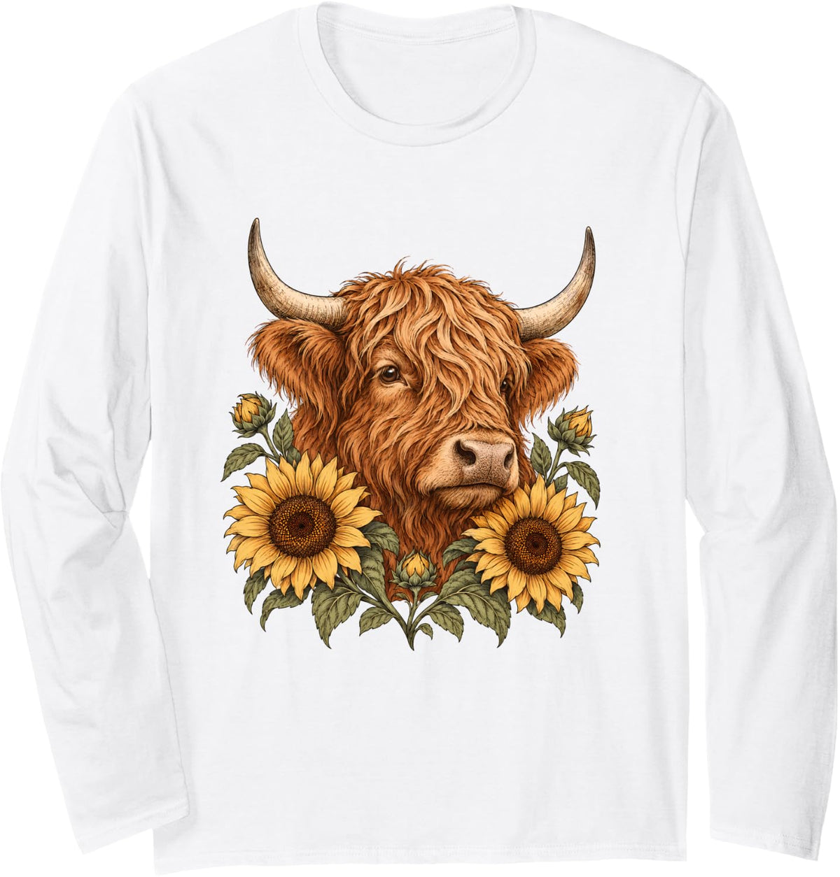 Highland Cow Sunflower, Floral Cow Lover Girls Women Long Sleeve T-Shirt - Adult Unisex White