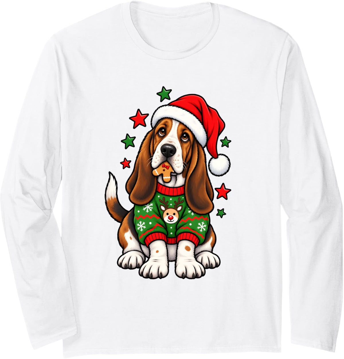Santa Basset Hound Dog Holding Gingerbread Cookie Christmas Long Sleeve T-Shirt - Adult Unisex White