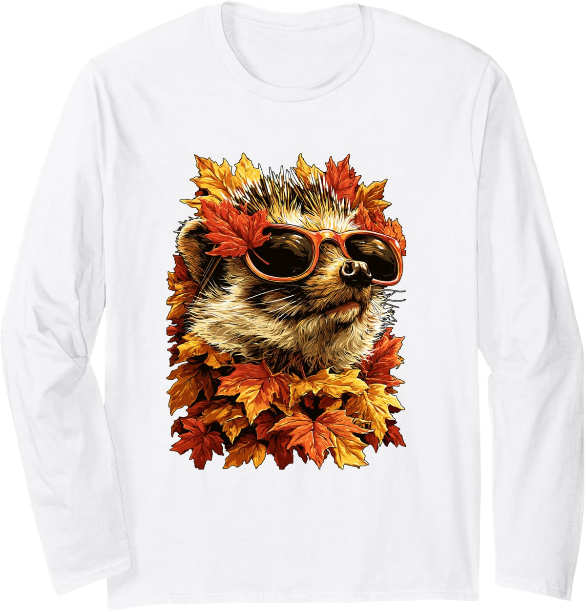 Fall Hedgehog with Sunglasses Autumn Leaves Forest Animal Long Sleeve T-Shirt - Adult Unisex White