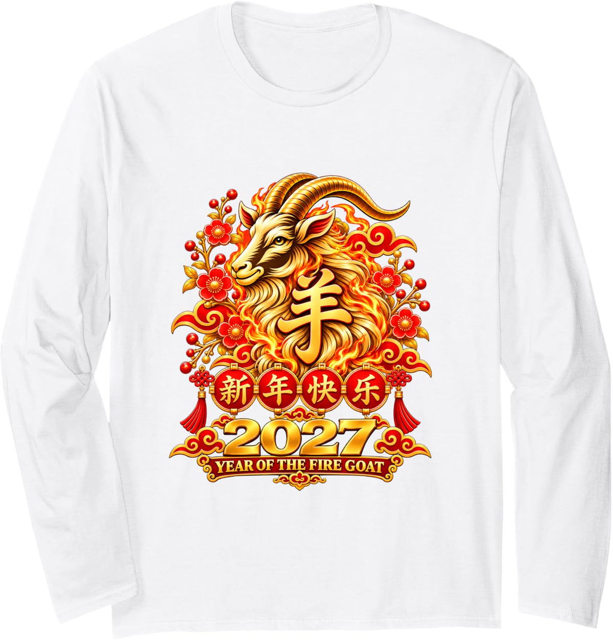 Year of The Fire Goat 2027 Chinese New Year Zodiac Long Sleeve T-Shirt - Adult Unisex White