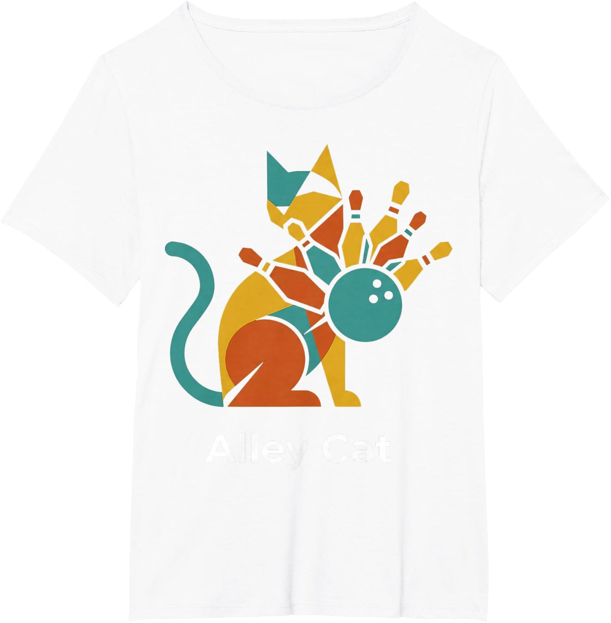 Alley Cat Bowling Graphic | Geometric Feline Bowler T-Shirt - White