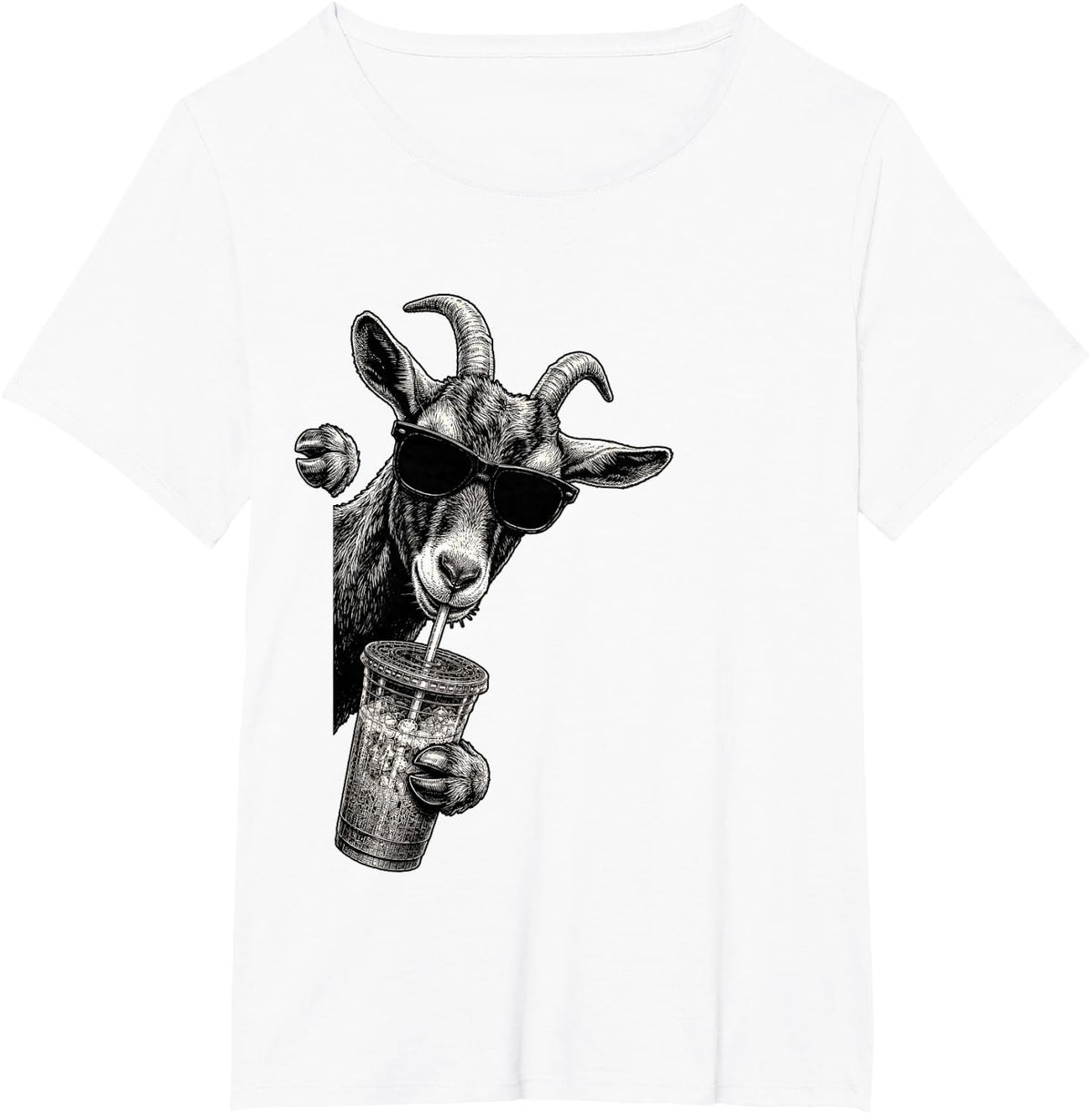 Funny Goat Peeking Drinking Iced Coffee Humor T-Shirt - White