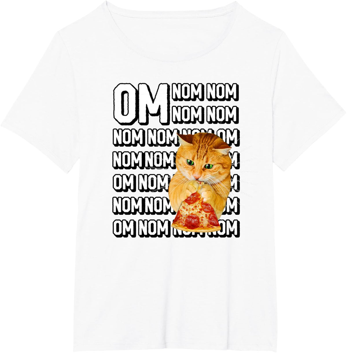 Funny Om Nom Nom Orange Cat Eating Pepperoni Pizza T-Shirt - White