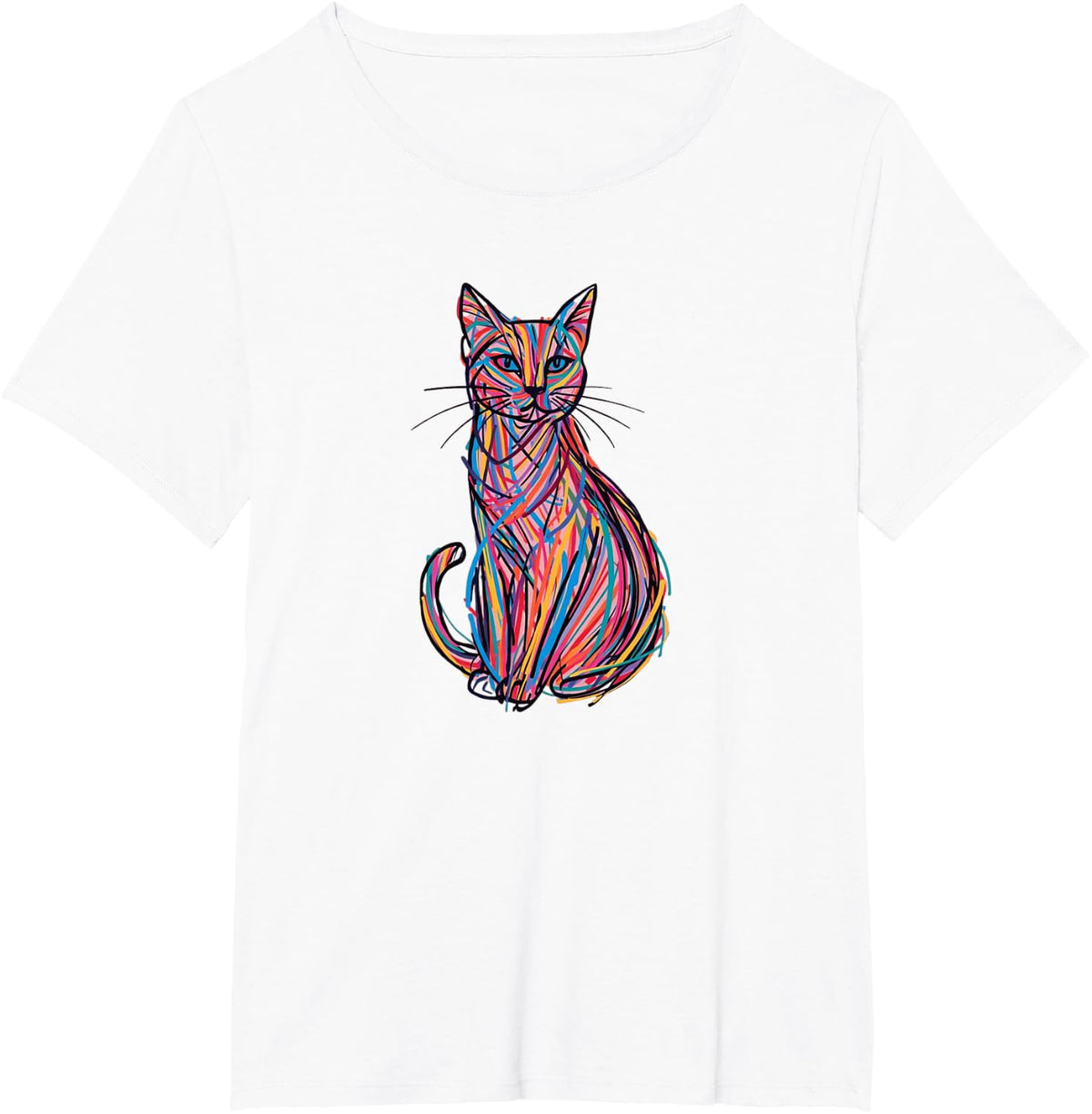 Scribble Cat Abstract Sketch Minimalist Cat Art T-Shirt - White