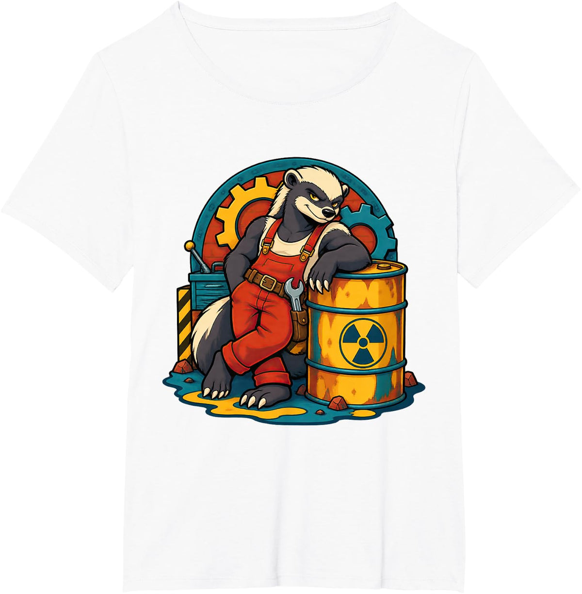 Bold Honey Badger Leans Against Radioactive Comic Barrel T-Shirt - White