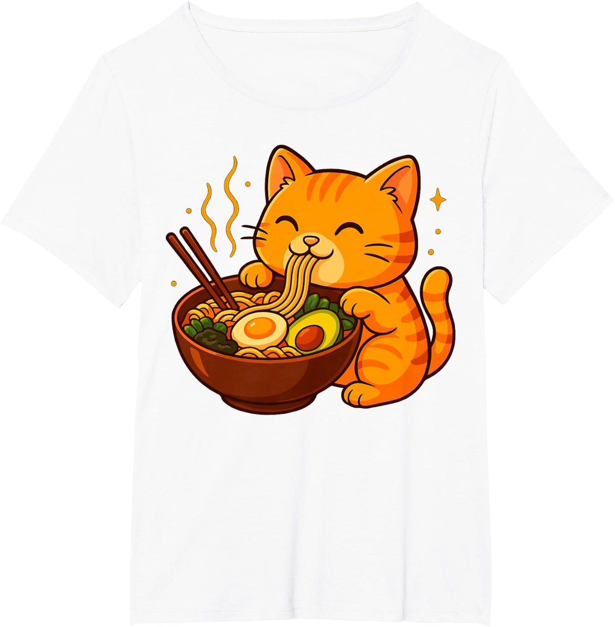 Orange Cat Eating Ramen Noodles T-Shirt - White