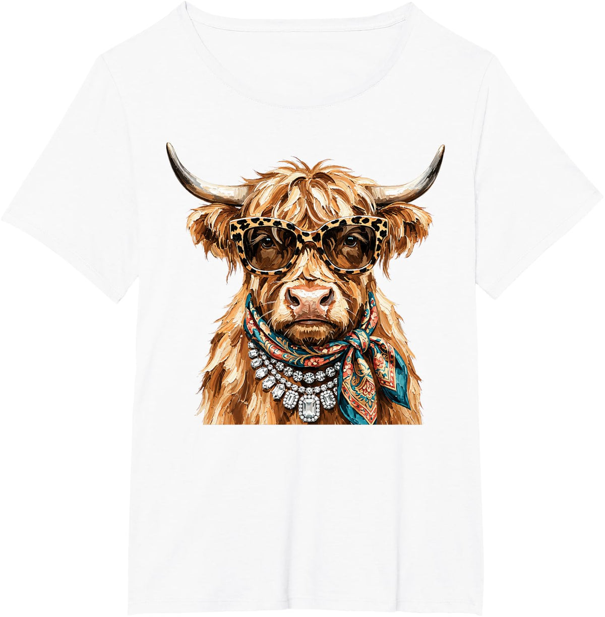 Glam Highland Cow Leopard Glasses Western Cow Lover Women T-Shirt - White