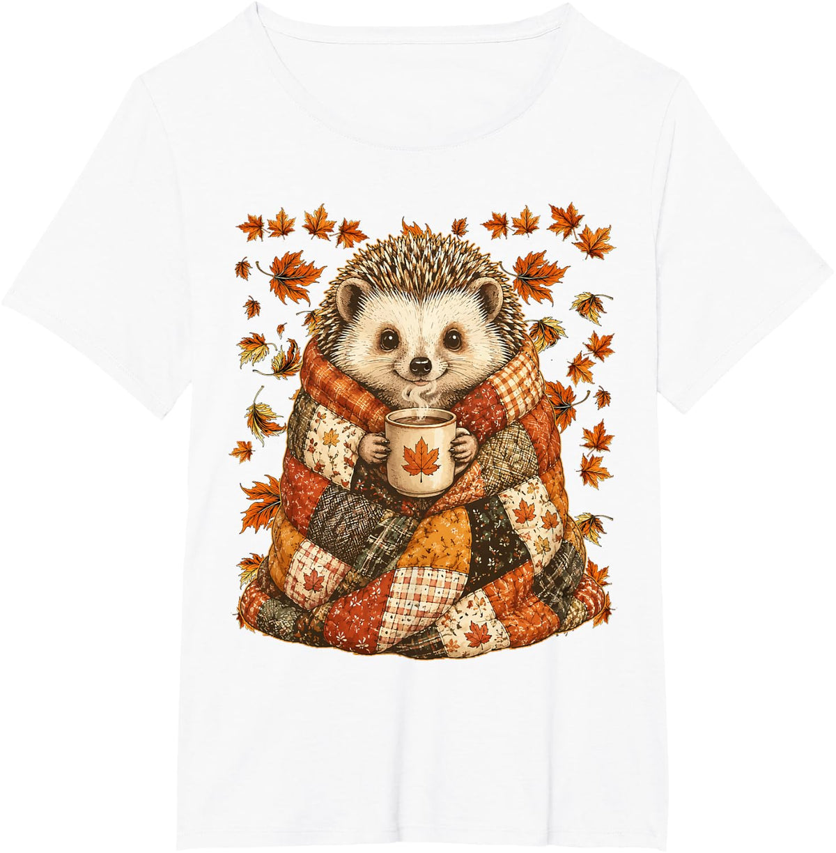 Cute Hedgehog with Maple Leaves Cozy Autumn Animal Fall Art T-Shirt - White