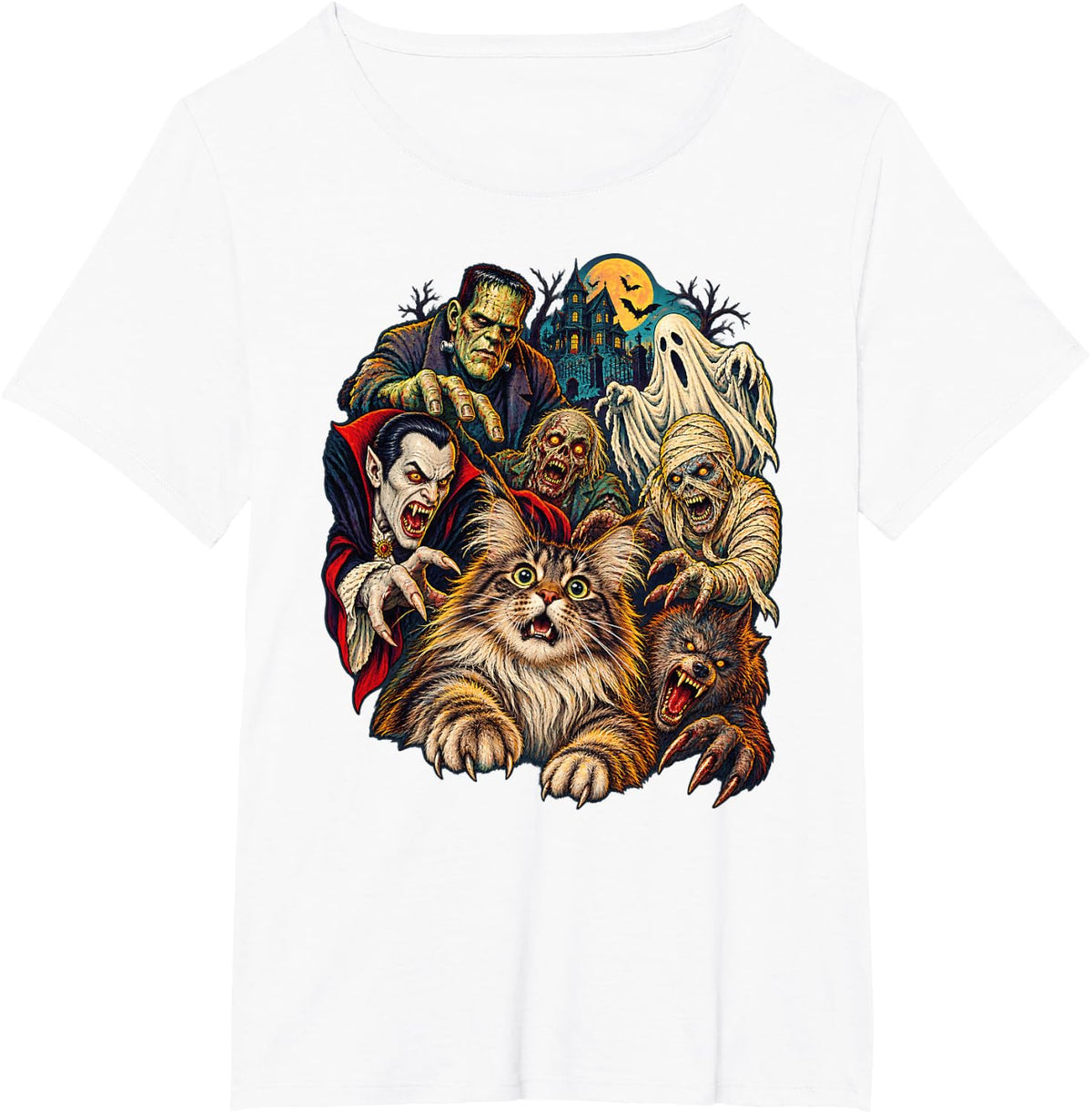 Spooky Halloween Cat & Classic Horror Monsters Mash Haunted T-Shirt - White
