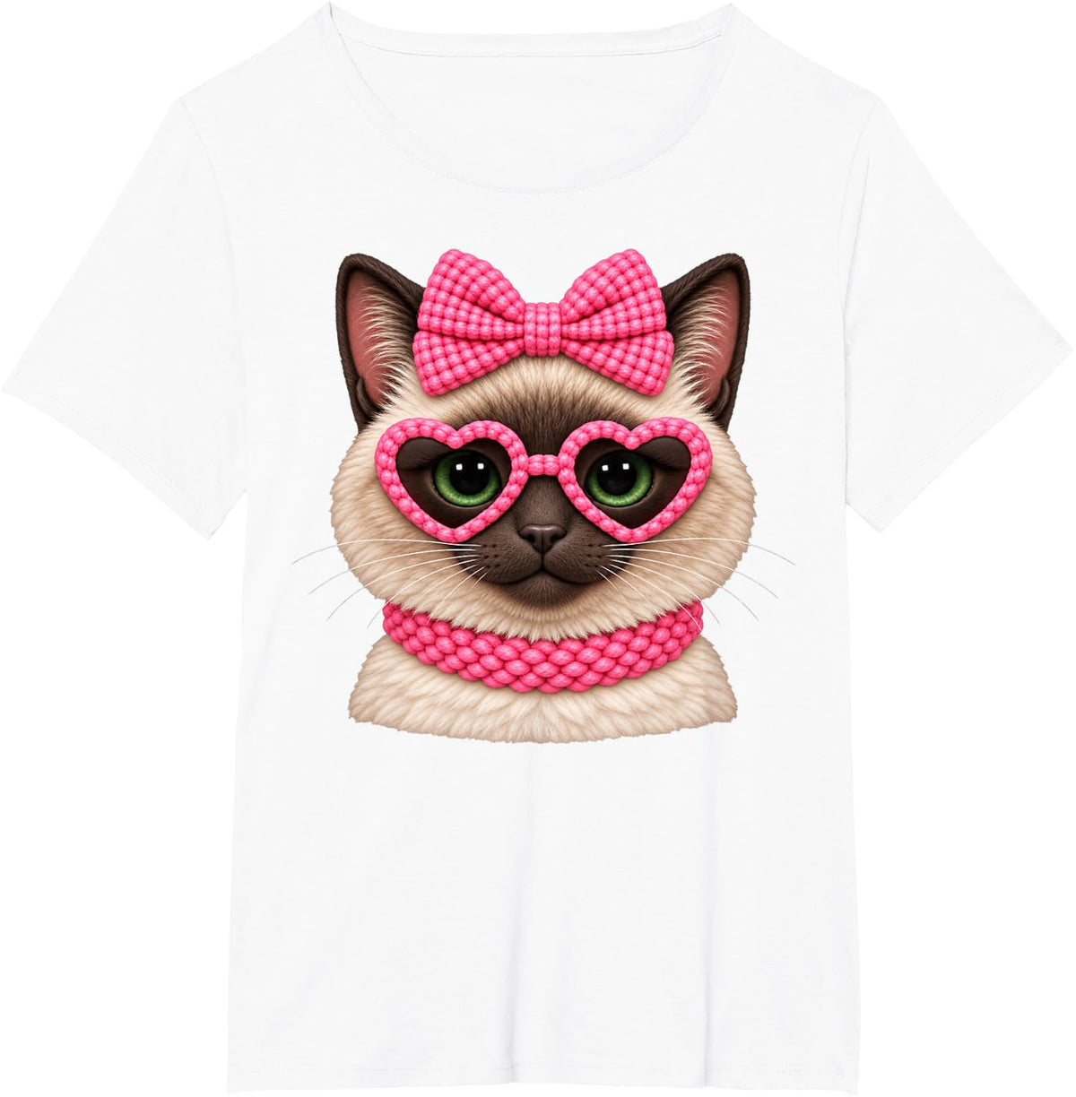 Siamese Cat Pink Bow Heart Sunglasses Cute Feline Love T-Shirt - White