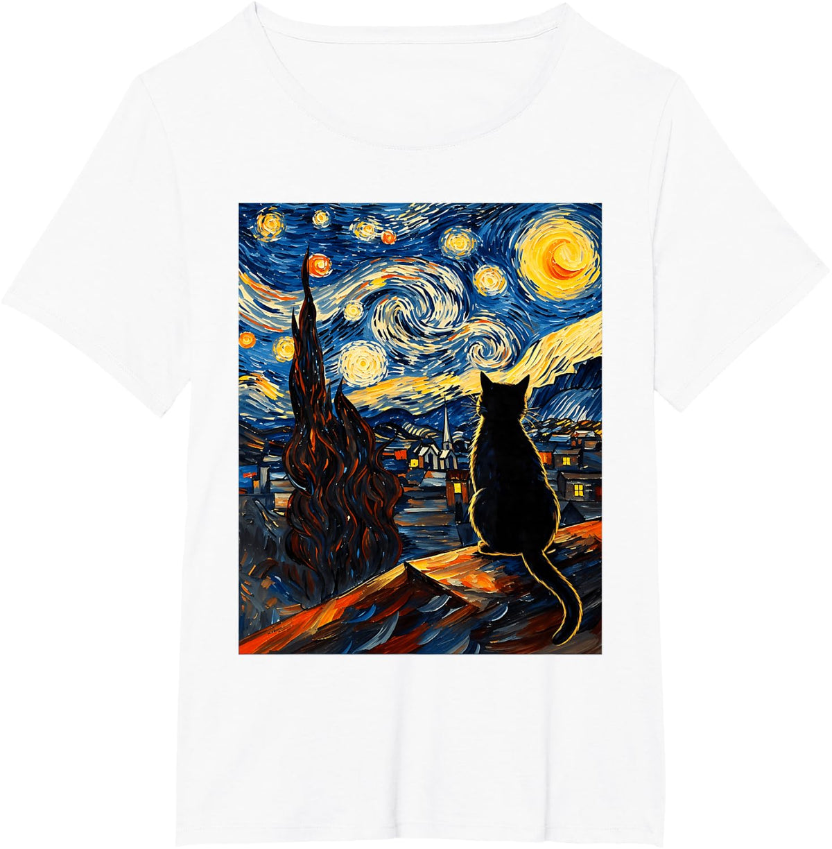 Black Cat Alone in The City Starry Night Cat Mom Dad Gift T-Shirt - White