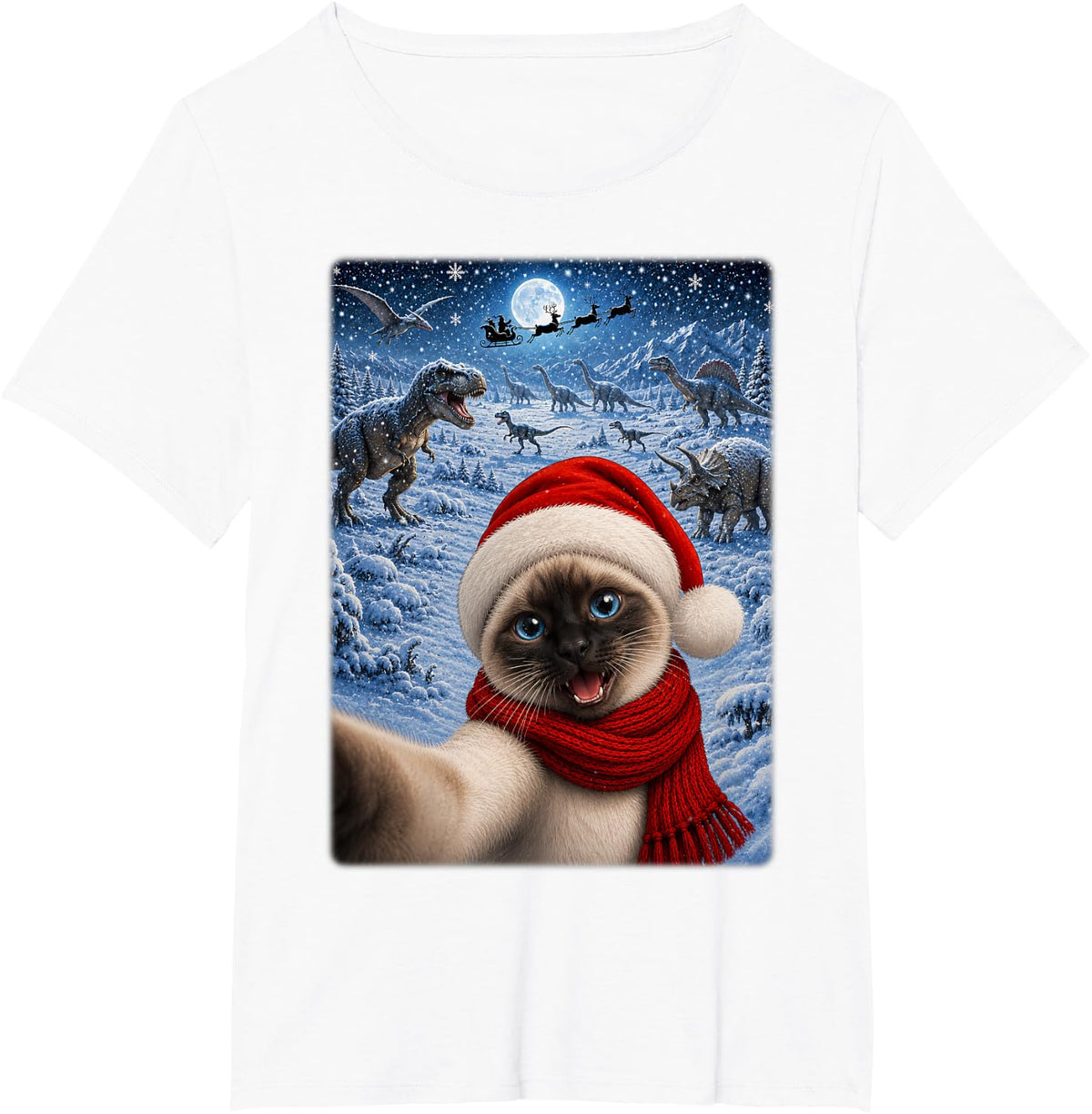 Xmas Dinosaurs Moon Night Starry Theme Siamese Cat Christmas T-Shirt - White