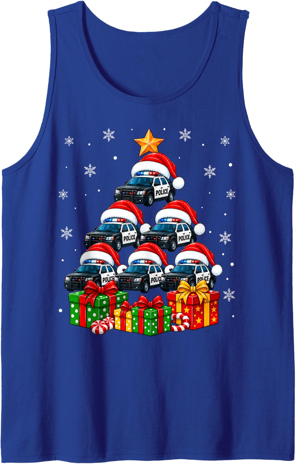 Funny Police Car Christmas Tree Sleeveless Tank Top - Royal Blue