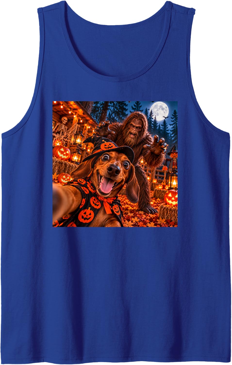 Dachshund Selfie Halloween Dog Bigfoot Funny Photobomb Sleeveless Tank Top - Royal Blue