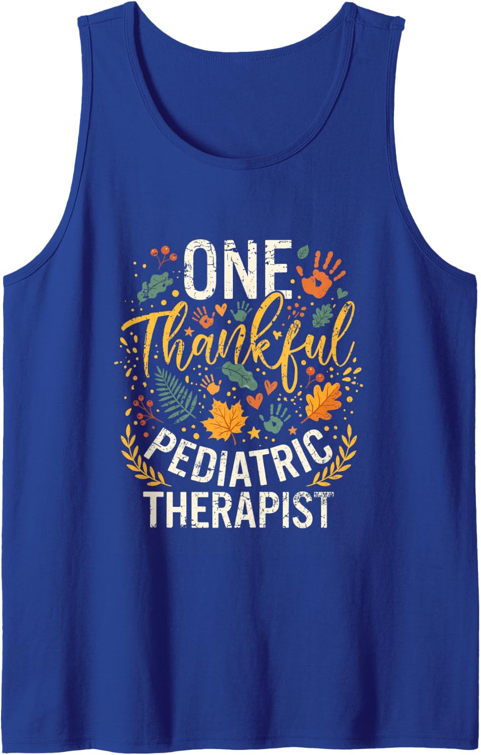 One Thankful Pediatric Therapist Autumn Handprints Sleeveless Tank Top - Royal Blue
