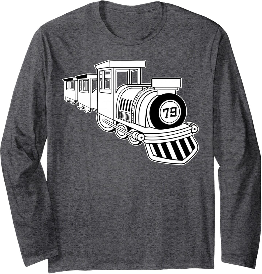 79 Train Front Bday Railroad 79th Theme Birthday Party Long Sleeve T-Shirt - Adult Unisex Dark Heather Grey