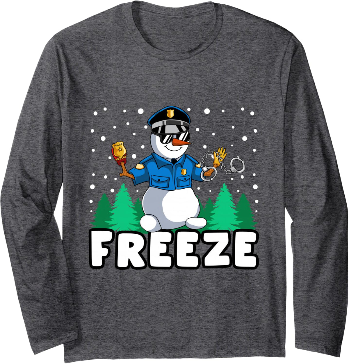 Freeze Snowman Police Christmas Pajama Funnt Cop Policeman Long Sleeve T-Shirt - Adult Unisex Dark Heather Grey