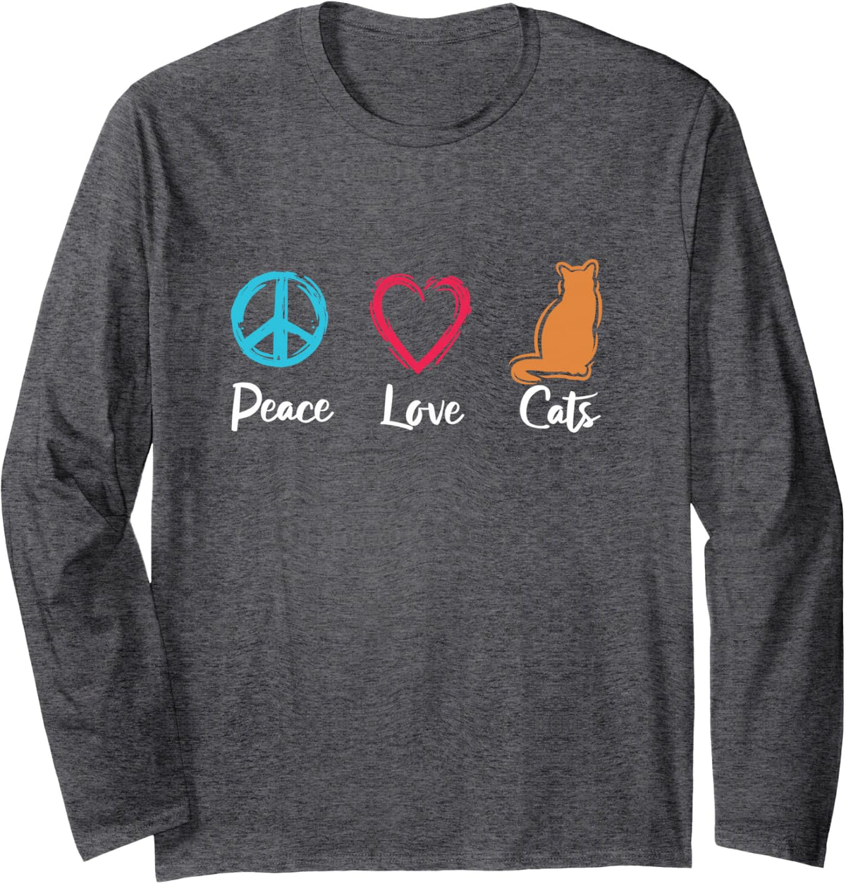 Peace Love Cats Long Sleeve T-Shirt - Adult Unisex Dark Heather Grey