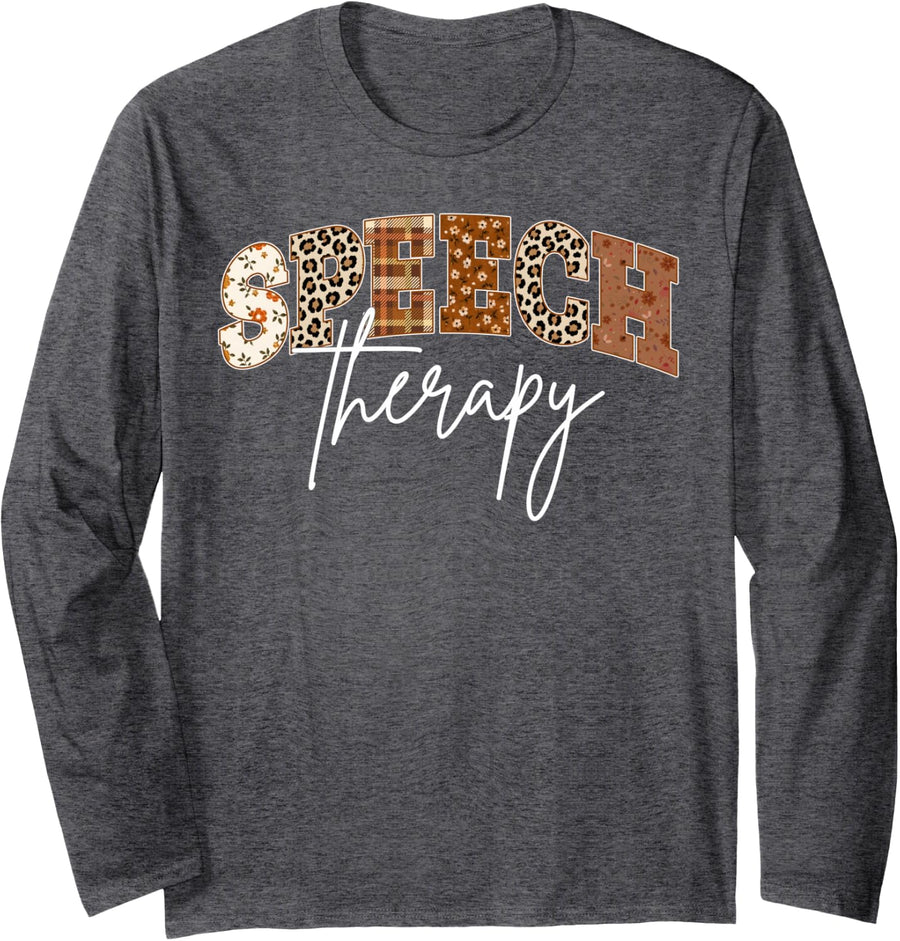 Speech Therapy Patchwork Fall Speech Therapist SLP Long Sleeve T-Shirt - Adult Unisex Dark Heather Grey