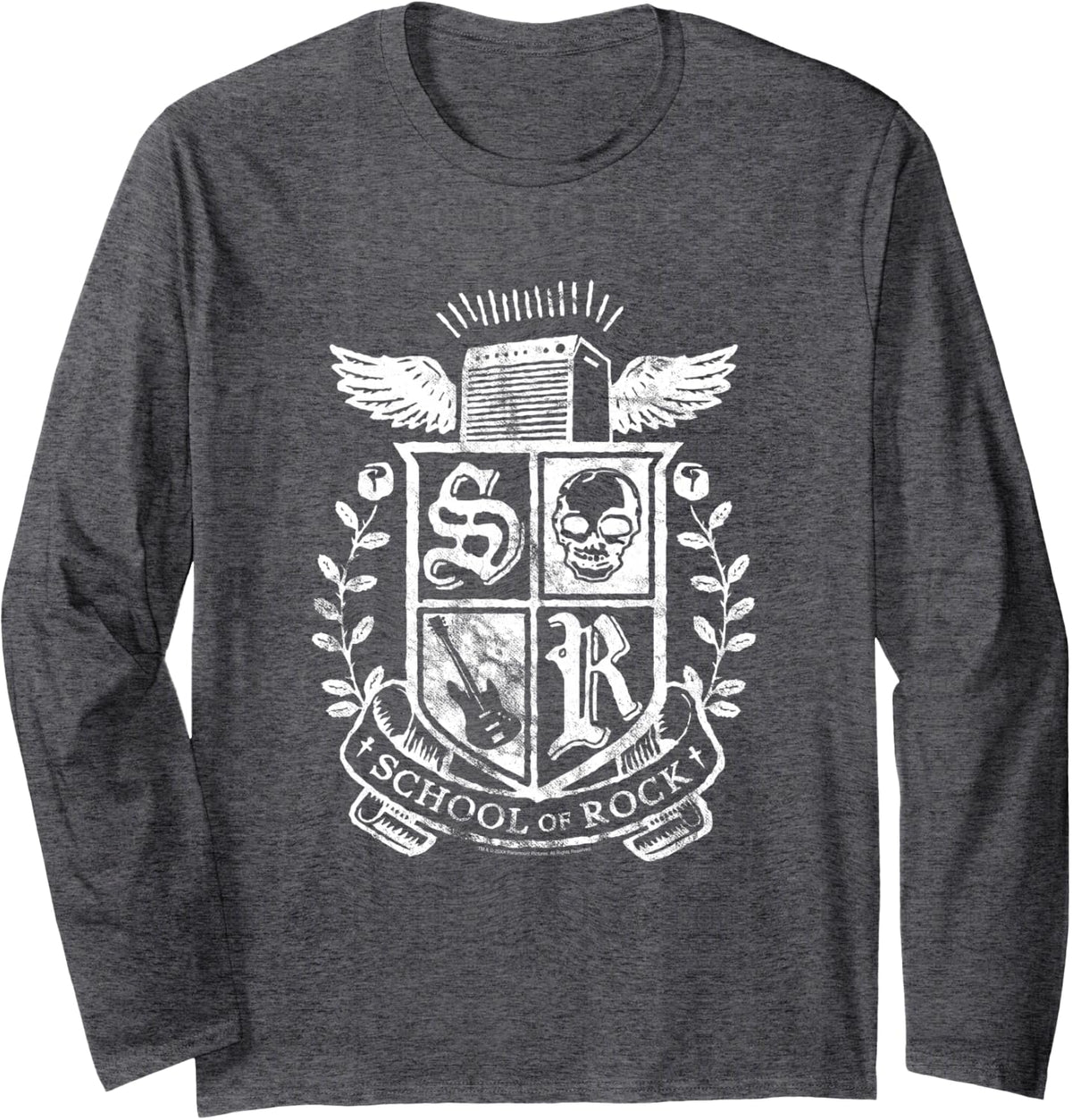 School of Rock Distressed Crest Long Sleeve T-Shirt - Adult Unisex Dark Heather Grey