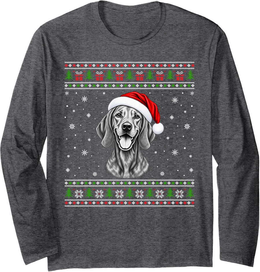 Vizsla Dog Ugly Christmas Sweater Santa Hat Xmas Dog Long Sleeve T-Shirt - Adult Unisex Dark Heather Grey