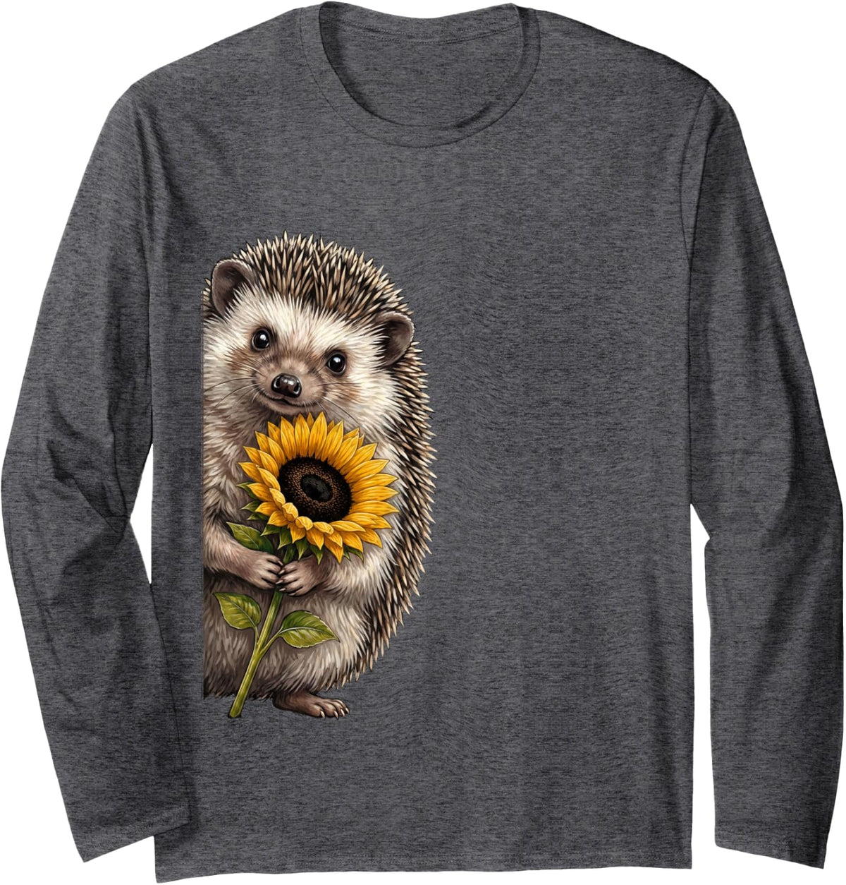 Hedgehog Sunflower Peeking from Side Wildlife Animal Long Sleeve T-Shirt - Adult Unisex Dark Heather Grey