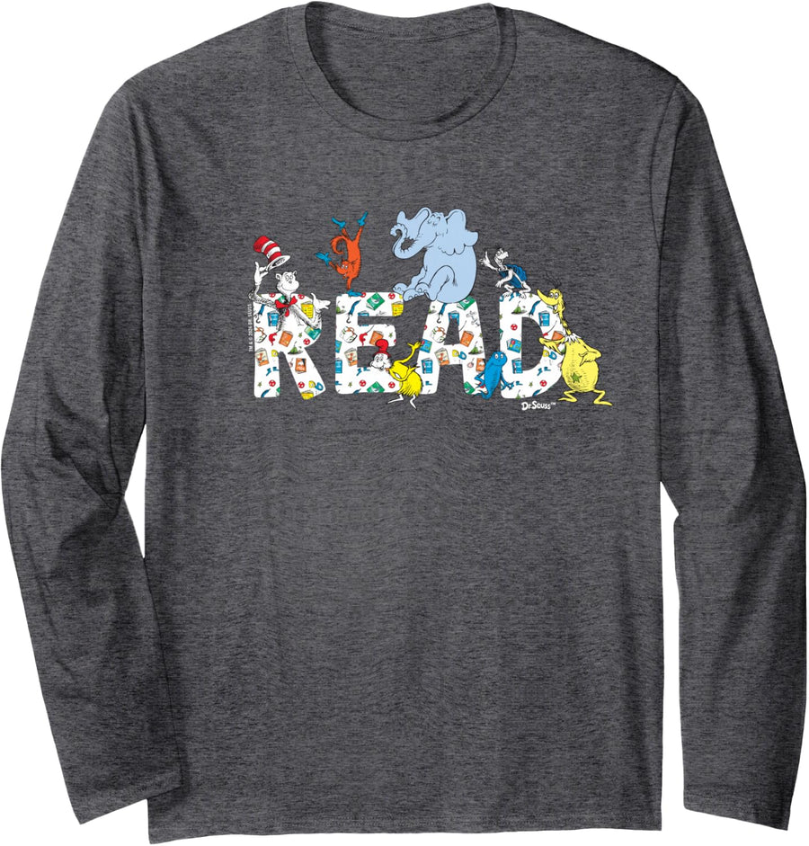 Cat in the Hat Read | Dr. Seuss Characters | Youth and Adult Long Sleeve T-Shirt - Adult Unisex Dark Heather Grey