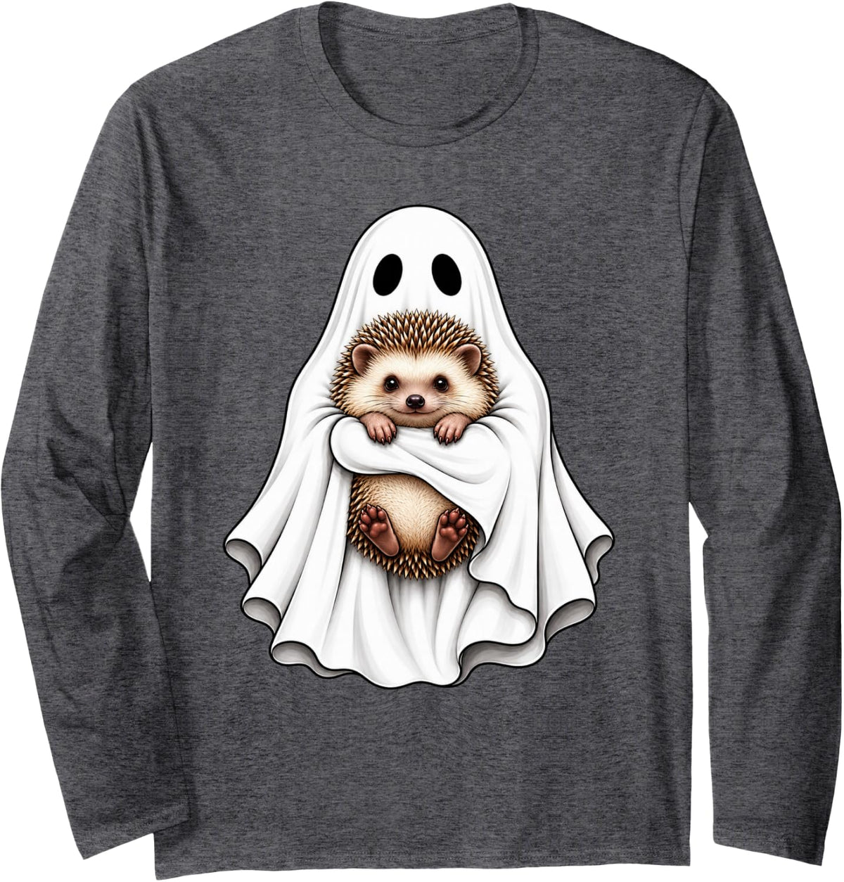 Ghost Hedgehog Funny Halloween Long Sleeve T-Shirt - Adult Unisex Dark Heather Grey