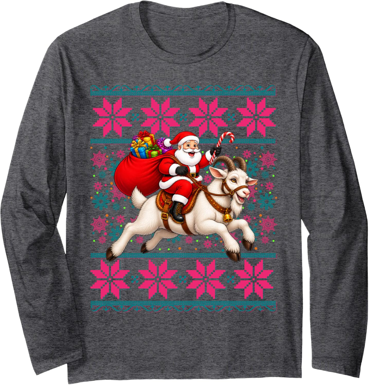 Ugly Christmas Pajama Santa Riding Goat Xmas Women Boy Girls Long Sleeve T-Shirt - Adult Unisex Dark Heather Grey