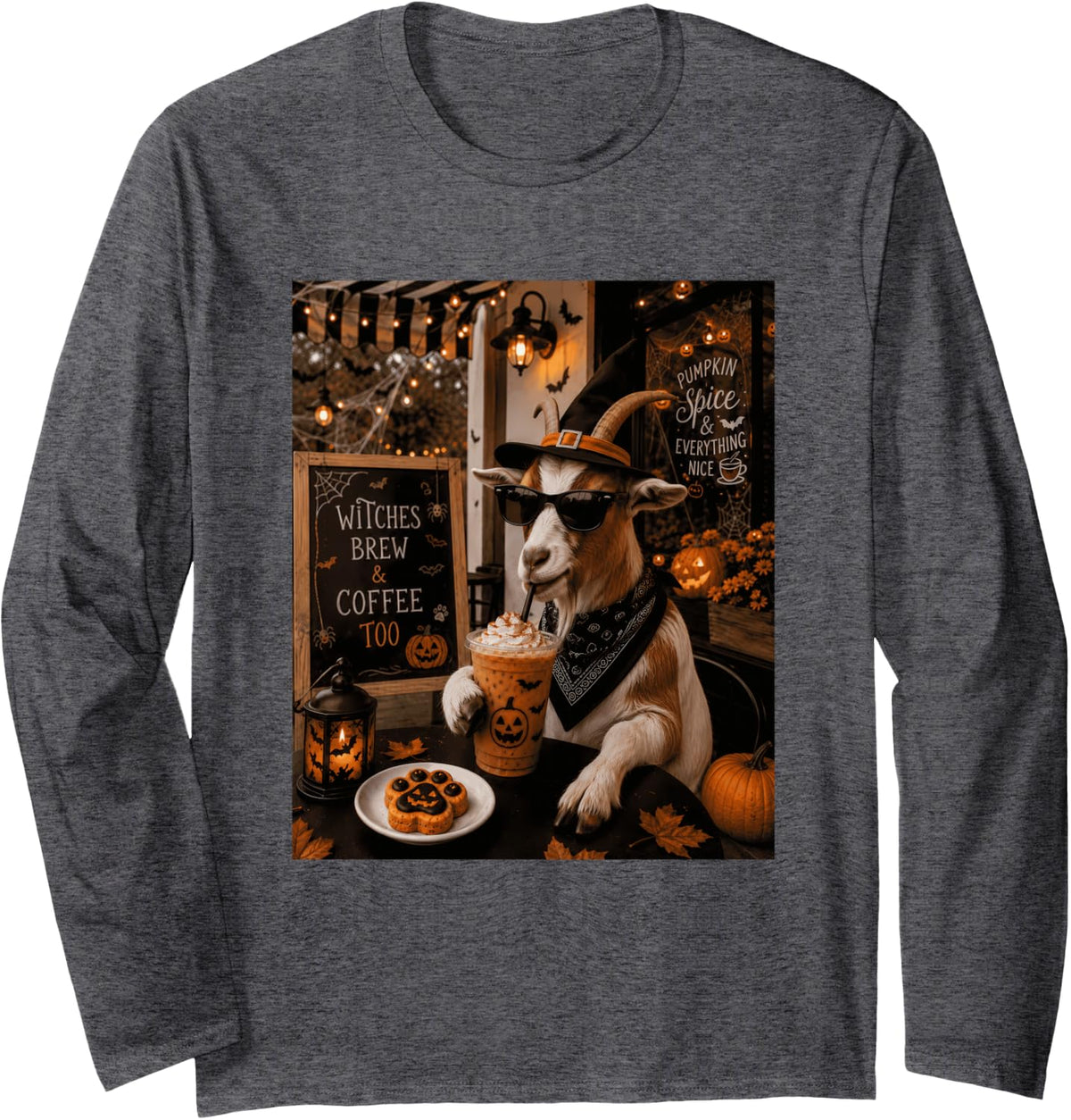 Witches Brew Coffee Too Pumpkin Spice Goat Funny Long Sleeve T-Shirt - Adult Unisex Dark Heather Grey