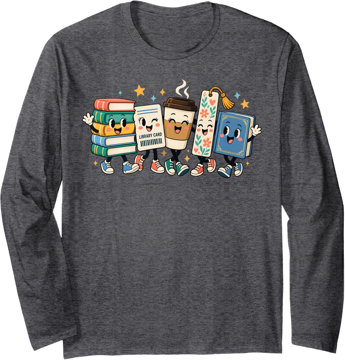 Cute Library Book Characters Long Sleeve T-Shirt - Adult Unisex Dark Heather Grey