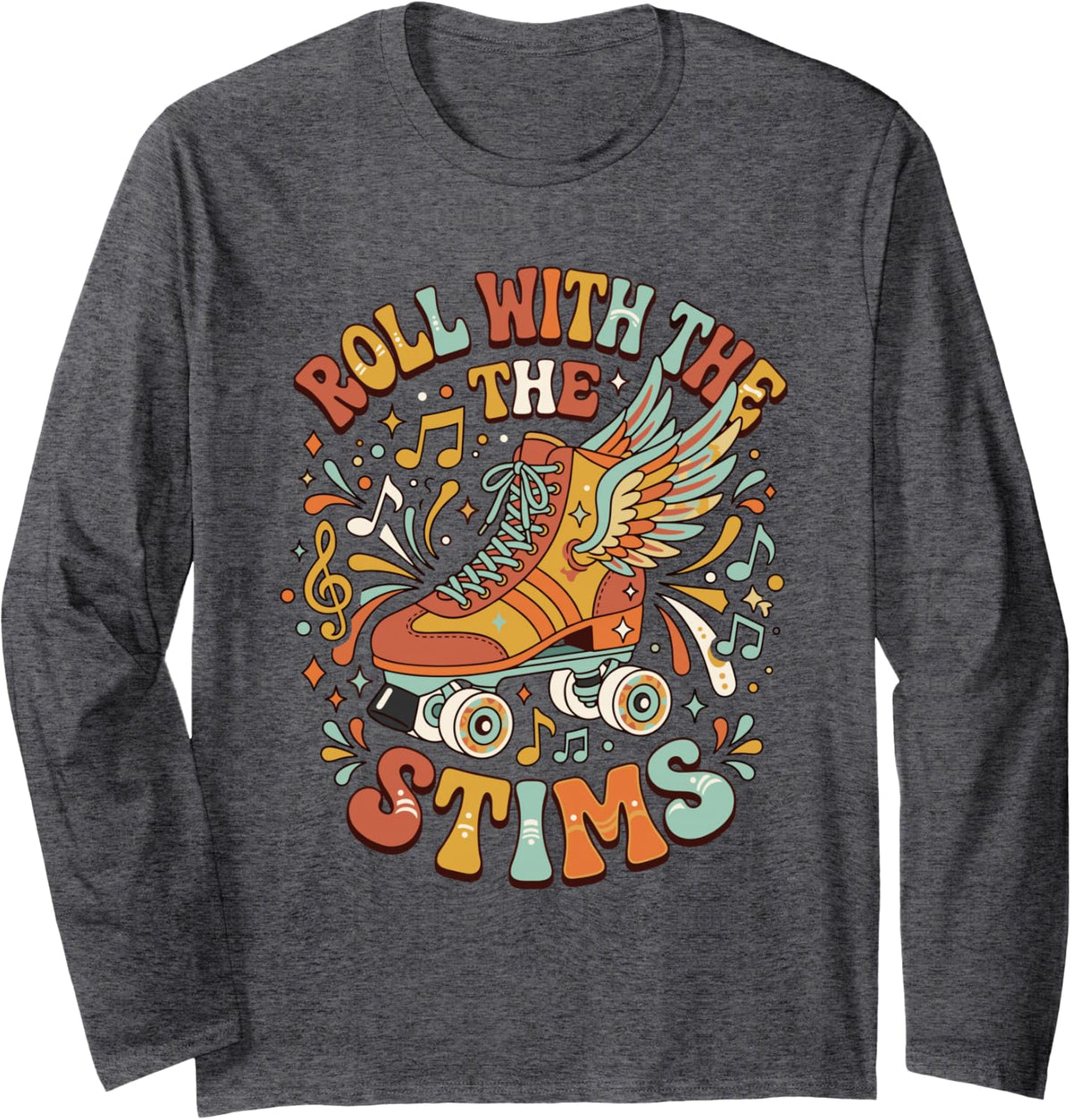 Roll with The Stims Funny Retro Neurodivergent Roller Skate Long Sleeve T-Shirt - Adult Unisex Dark Heather Grey
