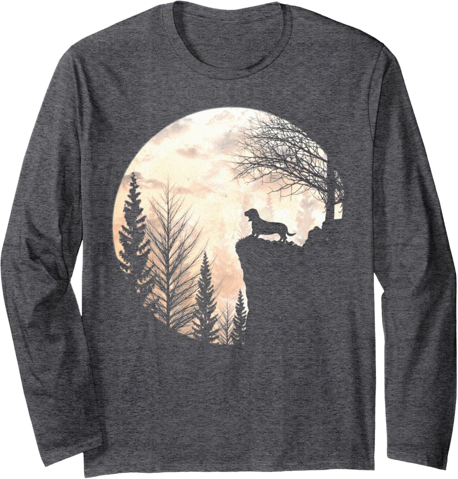 Funny Basset Hound Dog Scary and Moon Halloween Costume Long Sleeve T-Shirt - Adult Unisex Dark Heather Grey