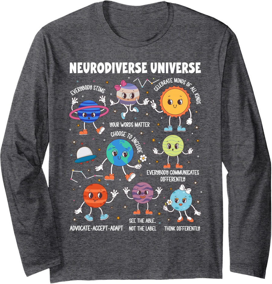 Neurodiverse Universe Special Education Autism Awareness Long Sleeve T-Shirt - Adult Unisex Dark Heather Grey