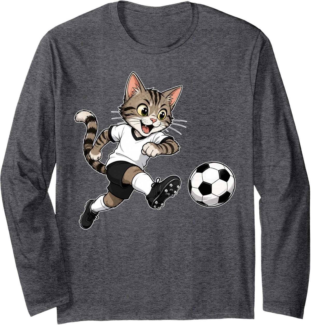 Cat Soccer Funny Graphic Long Sleeve T-Shirt - Adult Unisex Dark Heather Grey