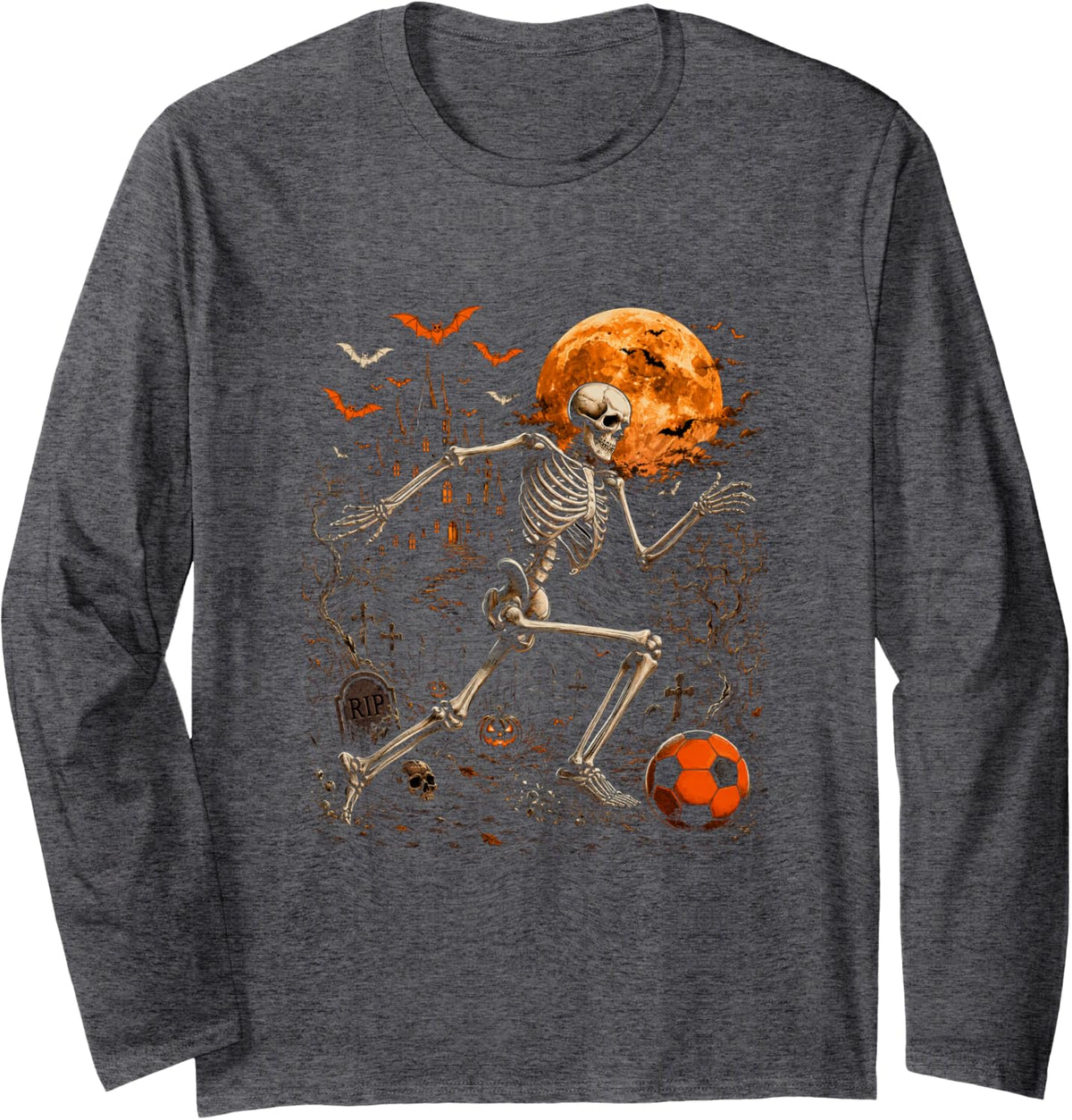 Halloween Playing Soccer Costume Player Horror Skeleton Long Sleeve T-Shirt - Adult Unisex Dark Heather Grey