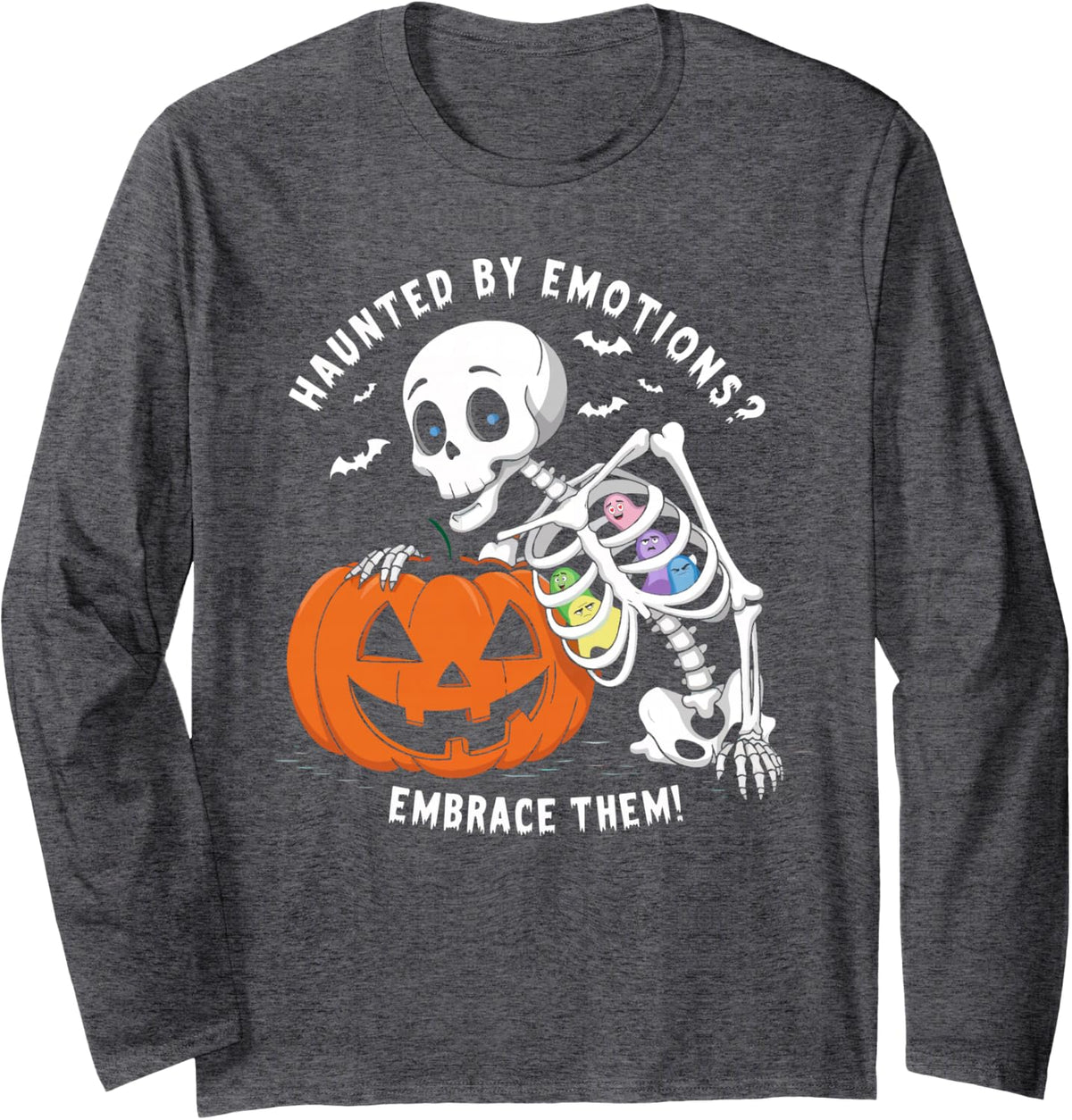Mental Health Awareness Skeleton Ghosts Halloween Cool Art Long Sleeve T-Shirt - Adult Unisex Dark Heather Grey