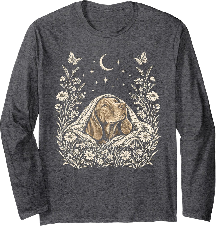 Vizsla Dog Under Blanket Moon Wildflowers Long Sleeve T-Shirt - Adult Unisex Dark Heather Grey