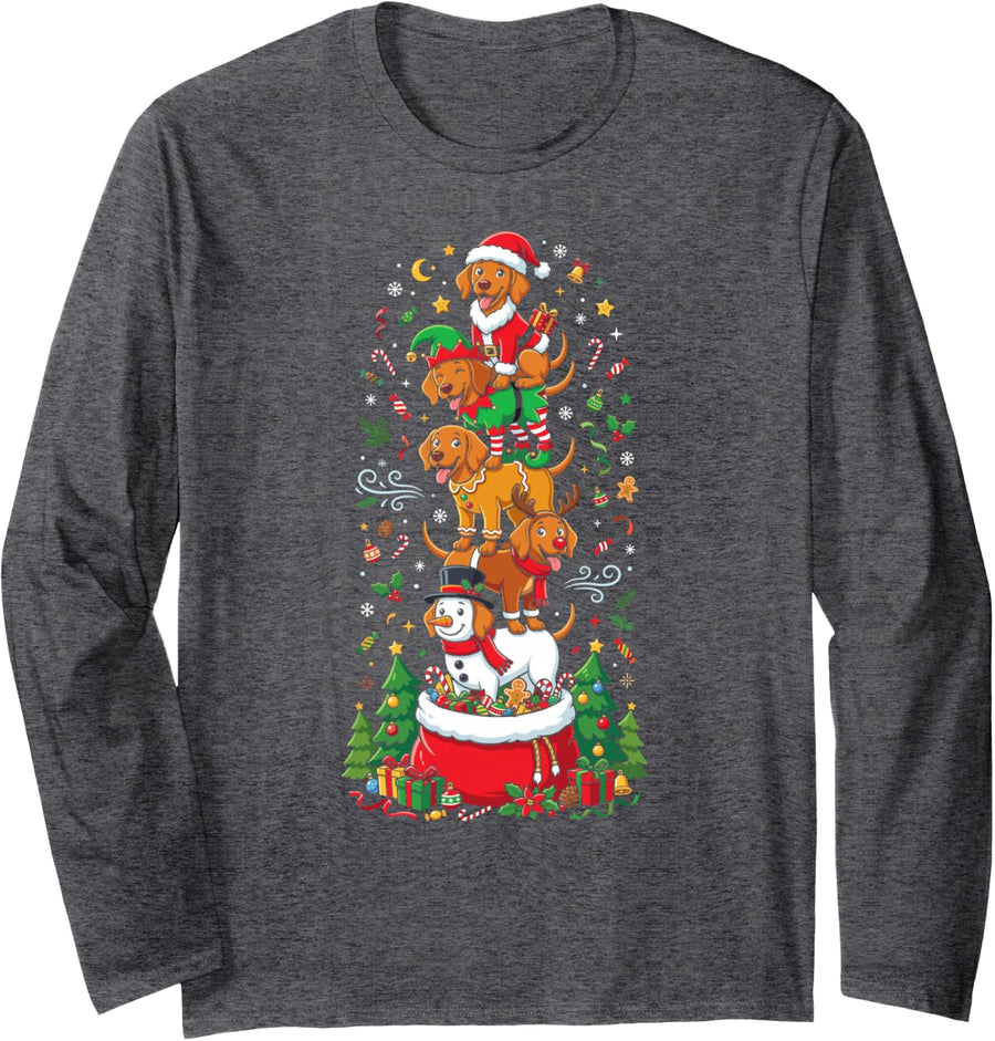 Funny Christmas Vizsla Santa Elf Snowman Womens Mens Kids Long Sleeve T-Shirt - Adult Unisex Dark Heather Grey