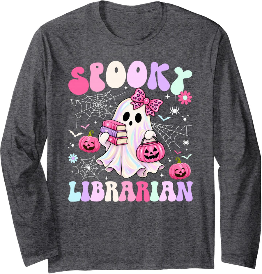 Spooky Librarian Halloween School Library Worker Groovy Long Sleeve T-Shirt - Adult Unisex Dark Heather Grey