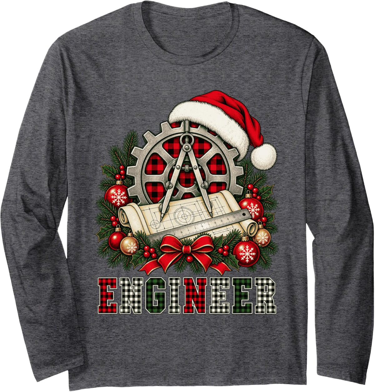 Christmas Engineer Gear Drafting Tools Buffalo Plaid Long Sleeve T-Shirt - Adult Unisex Dark Heather Grey