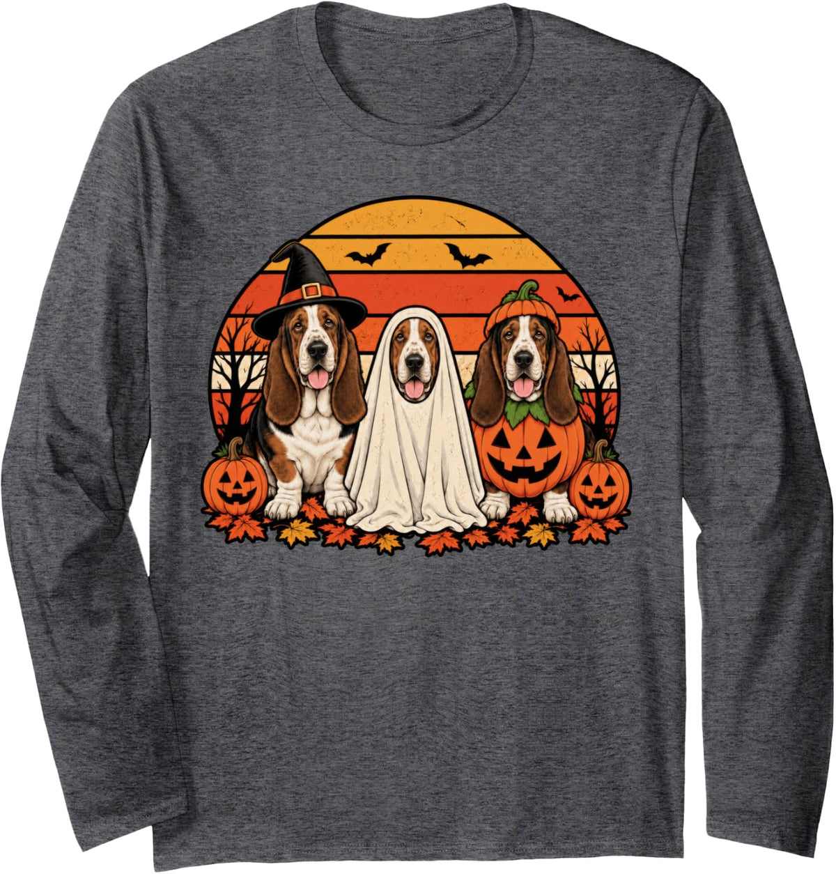 Spooky Basset Hound Pumpkin Ghost Halloween Dog Lover Long Sleeve T-Shirt - Adult Unisex Dark Heather Grey