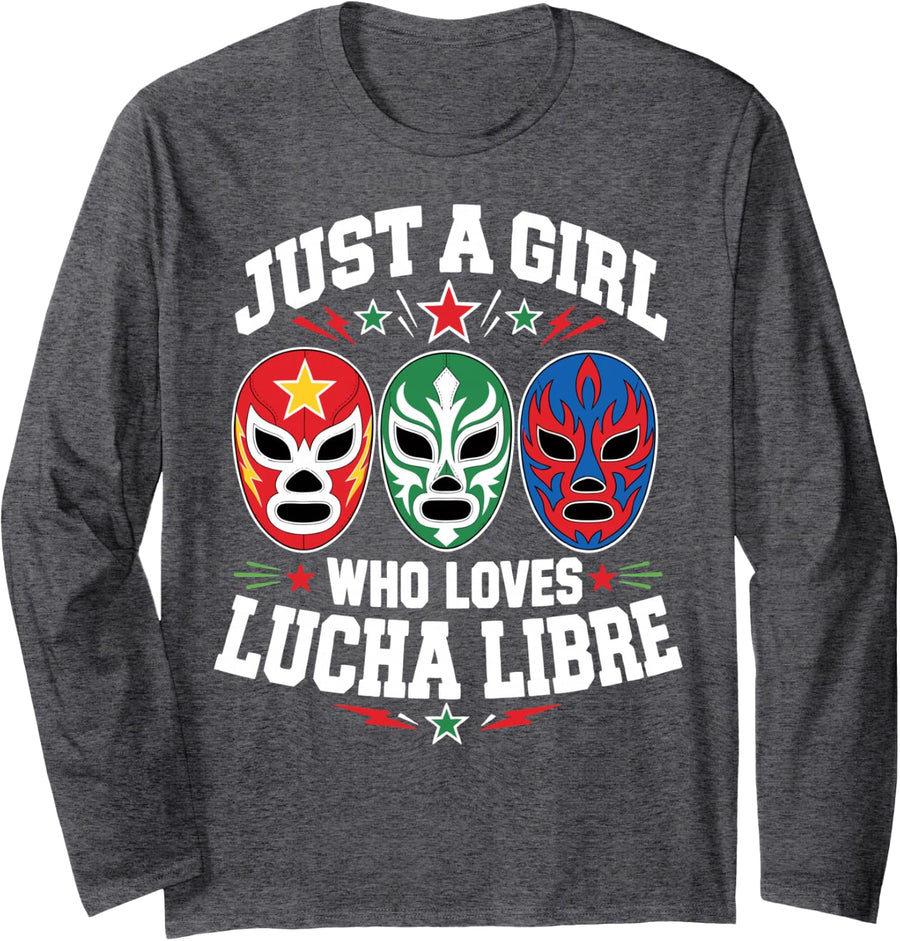 Girl Loves Lucha Libre Mexican Wrestler Mask Wrestling Long Sleeve T-Shirt - Adult Unisex Dark Heather Grey