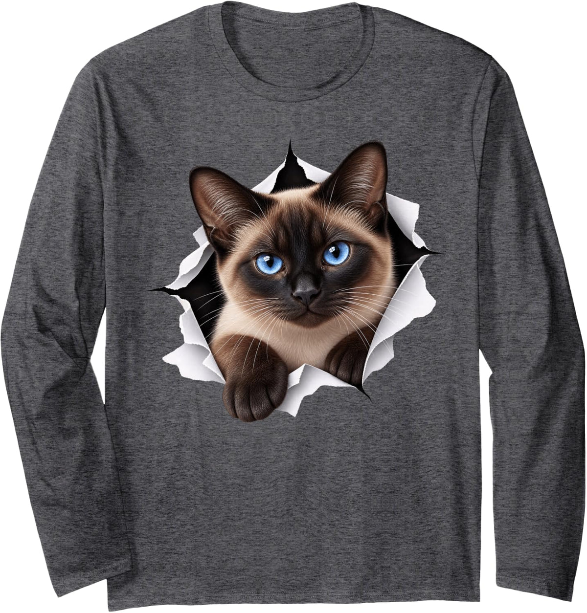 Funny Siamese Cat Peeking Cute Mom Dad Long Sleeve T-Shirt - Adult Unisex Dark Heather Grey